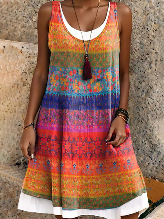 Lotte - Weites Sommer Comfi Ärmelloses Singlet Midikleid mit Regenbogenfarbenem Farbig Druck