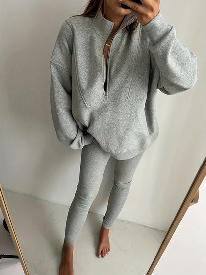Jolande - Bequemer hellgrauer Sportpullover in Übergröße mit hohem Halsausschnitt und Reißverschluss für Frauen