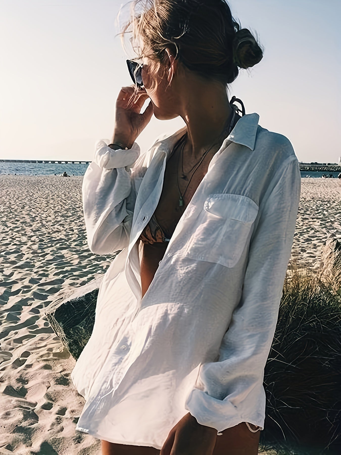 Shena - Leinen Lässig Strandhemd Kleid für Frauen