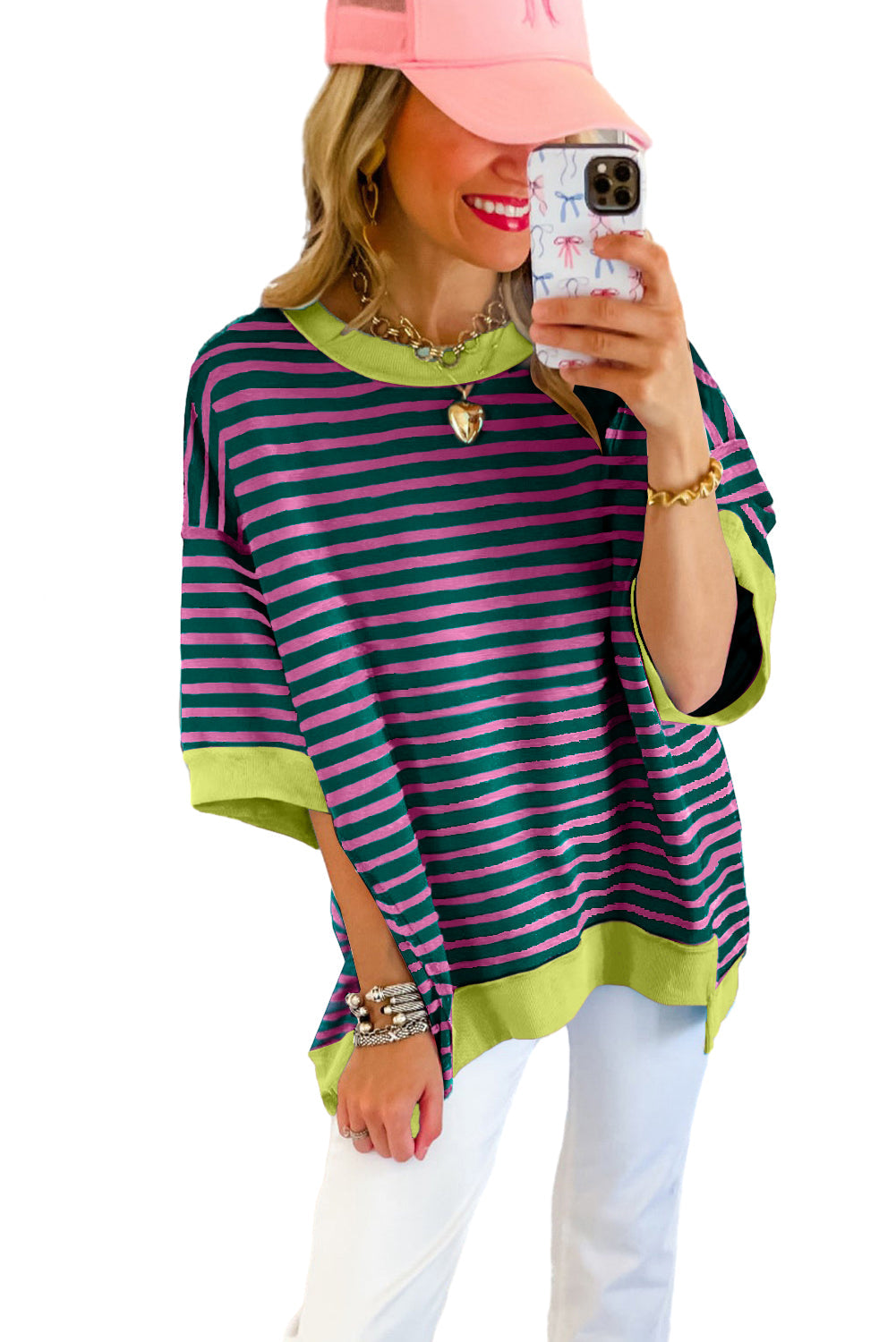 Anna - Horizontal gestreiftes, locker sitzendes T-Shirt mit Kontrastbesatz und weiten, kurzen Ärmeln