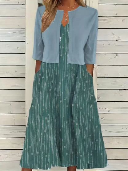 Anna - Elegantes zweiteiliges Set aus einfarbigem Strickjackenoberteil und geblümtem Kleid mit Rundhalsausschnitt