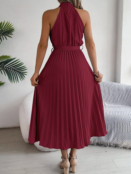 Karin - elegantes plaid lang Halfter Kleid mit Taillenband