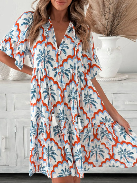 Linnea - Mini-Hemd Kleid in 4 Sommer Prints mit halben Ärmeln Knöpfen und 2 Quasten