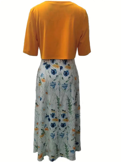 Anna - Elegantes zweiteiliges Set aus einfarbigem Strickjackenoberteil und geblümtem Kleid mit Rundhalsausschnitt
