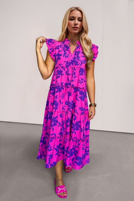 Olivia - heiß rosa lila Blumendruck Weites Midi-Hemdkleid mit Kappenärmeln und Rüschen