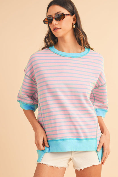 Anna - Horizontal gestreiftes, locker sitzendes T-Shirt mit Kontrastbesatz und weiten, kurzen Ärmeln