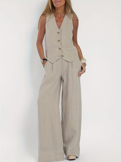 Maaike - Zweiteiler für Frauen Set aus Blazer und weiter Hose aus 100% Leinen in beige