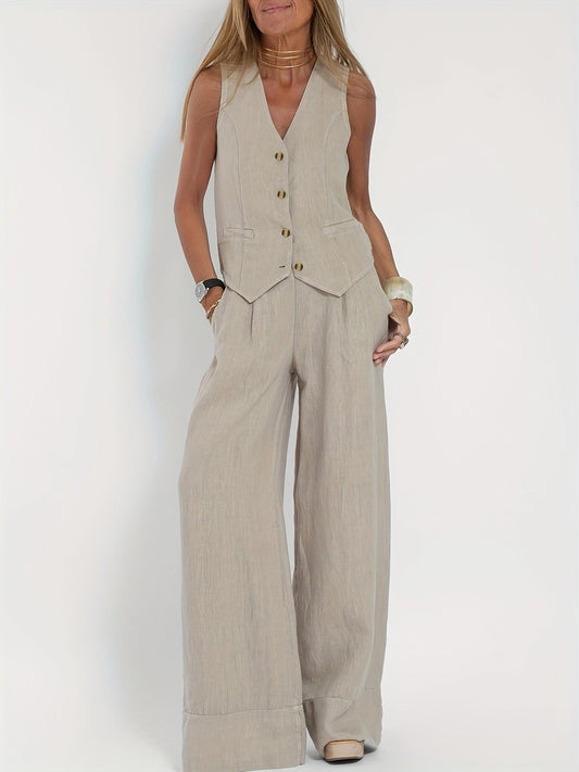 Maaike - Zweiteiler für Frauen Set aus Blazer und weiter Hose aus 100% Leinen in beige