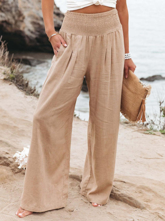 Emma - Khakifarbene Leinen-Sommerhose mit breitem Gummibund und Taschen