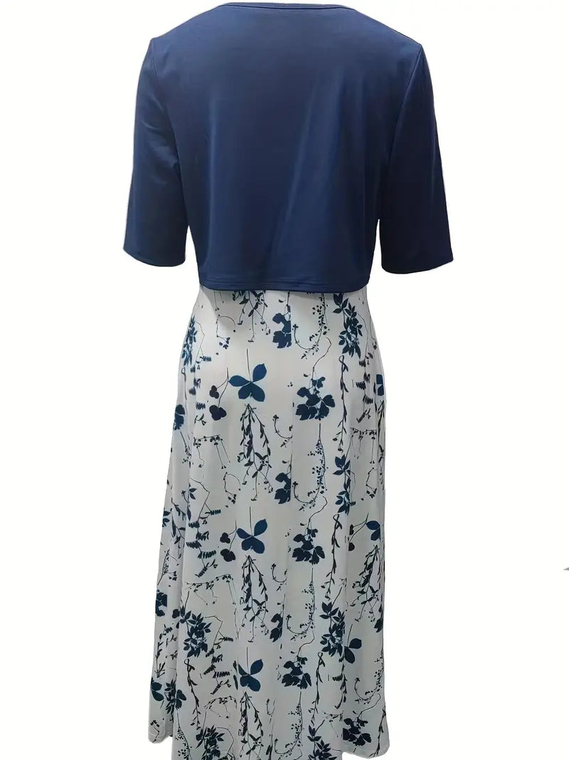 Anna - Elegantes zweiteiliges Set aus einfarbigem Strickjackenoberteil und geblümtem Kleid mit Rundhalsausschnitt