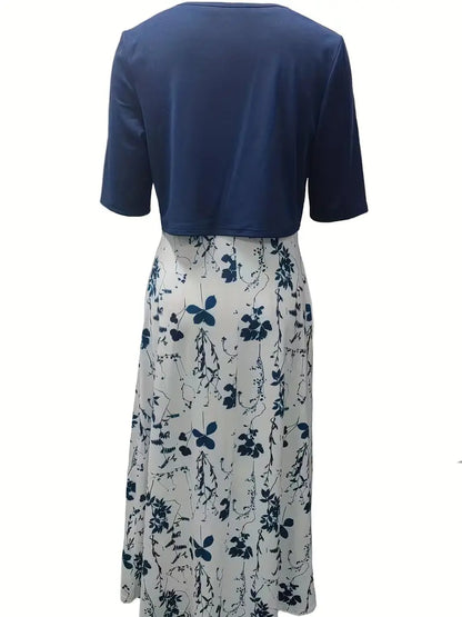 Anna - Elegantes zweiteiliges Set aus einfarbigem Strickjackenoberteil und geblümtem Kleid mit Rundhalsausschnitt