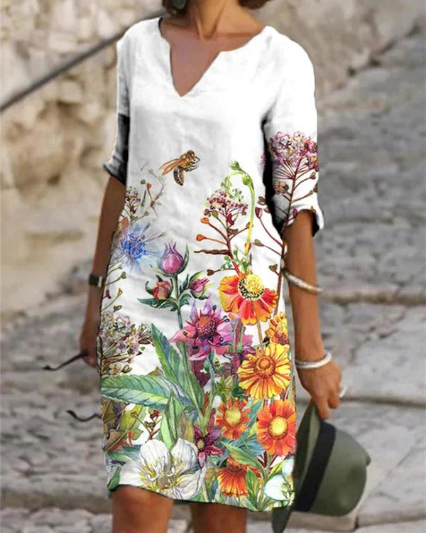 Femke - Frühlingskleid mit V-Ausschnitt und dreiviertel Ärmeln, knielang, mit Sommer-Prints