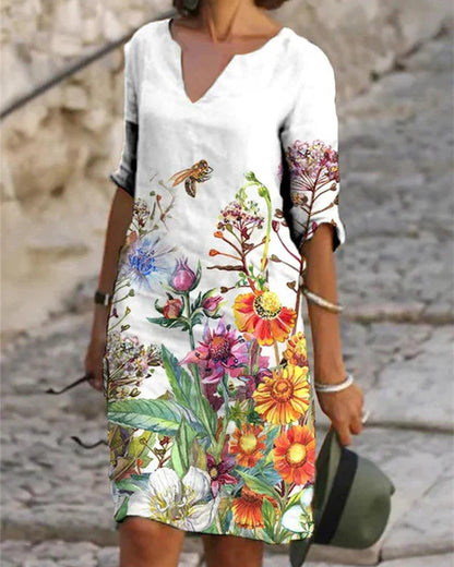 Femke - Frühlingskleid mit V-Ausschnitt und dreiviertel Ärmeln, knielang, mit Sommer-Prints