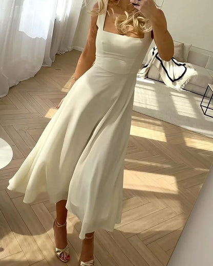 Emma - elegantes Chiffonkleid mit quadratischem Halsausschnitt in unifarben
