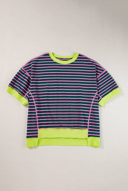 Anna - Horizontal gestreiftes, locker sitzendes T-Shirt mit Kontrastbesatz und weiten, kurzen Ärmeln