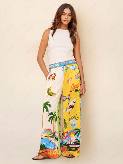 Maartje - Zweiteiliges Set im Sommerstil mit Hose und Hemd mit sonnigem Stranddruck