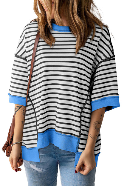 Anna - Horizontal gestreiftes, locker sitzendes T-Shirt mit Kontrastbesatz und weiten, kurzen Ärmeln