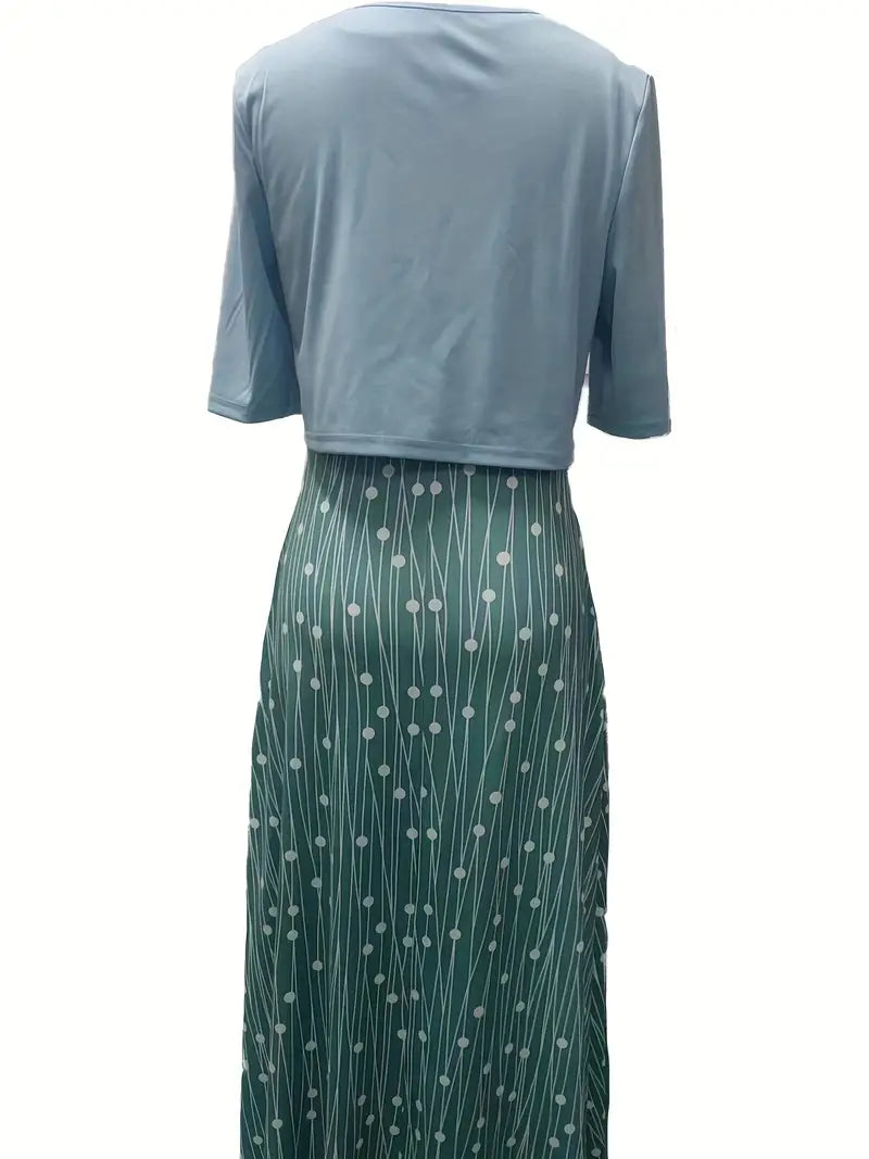 Anna - Elegantes zweiteiliges Set aus einfarbigem Strickjackenoberteil und geblümtem Kleid mit Rundhalsausschnitt