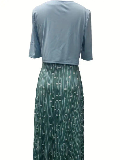 Anna - Elegantes zweiteiliges Set aus einfarbigem Strickjackenoberteil und geblümtem Kleid mit Rundhalsausschnitt
