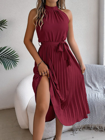 Karin - elegantes plaid lang Halfter Kleid mit Taillenband