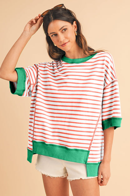 Anna - Horizontal gestreiftes, locker sitzendes T-Shirt mit Kontrastbesatz und weiten, kurzen Ärmeln