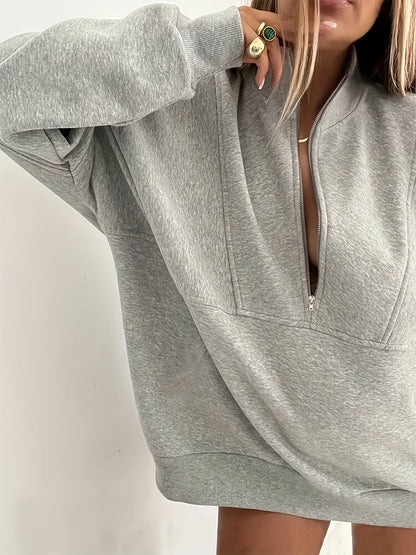 Jolande - Bequemer hellgrauer Sportpullover in Übergröße mit hohem Halsausschnitt und Reißverschluss für Frauen