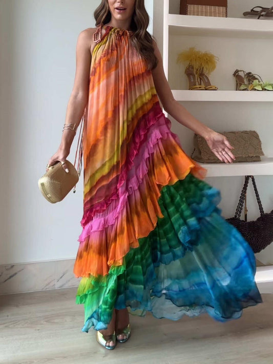 Sara - Atemberaubend elegantes Design Regenbogen buntes asymmetrisches Maxi Halter Kleid mit Rüschen