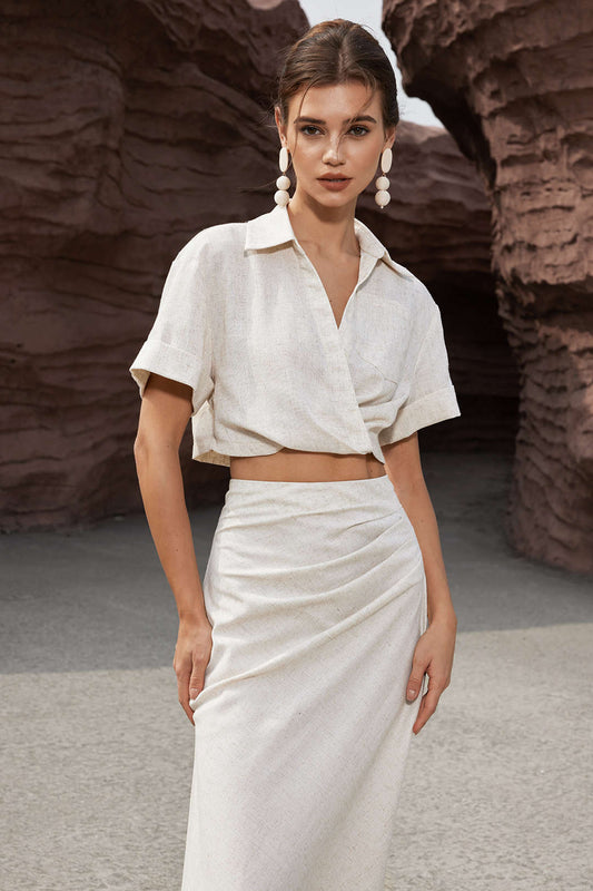Eva - Elegantes Leinen-Crop-Top mit Kreuz-Detail Stilvoll & raffiniert für jede Gelegenheit