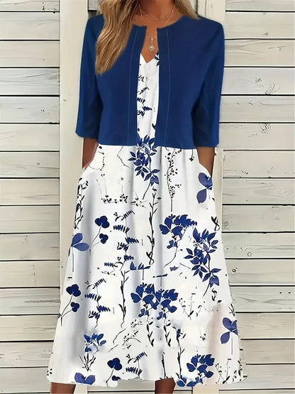 Anna - Elegantes zweiteiliges Set aus einfarbigem Strickjackenoberteil und geblümtem Kleid mit Rundhalsausschnitt