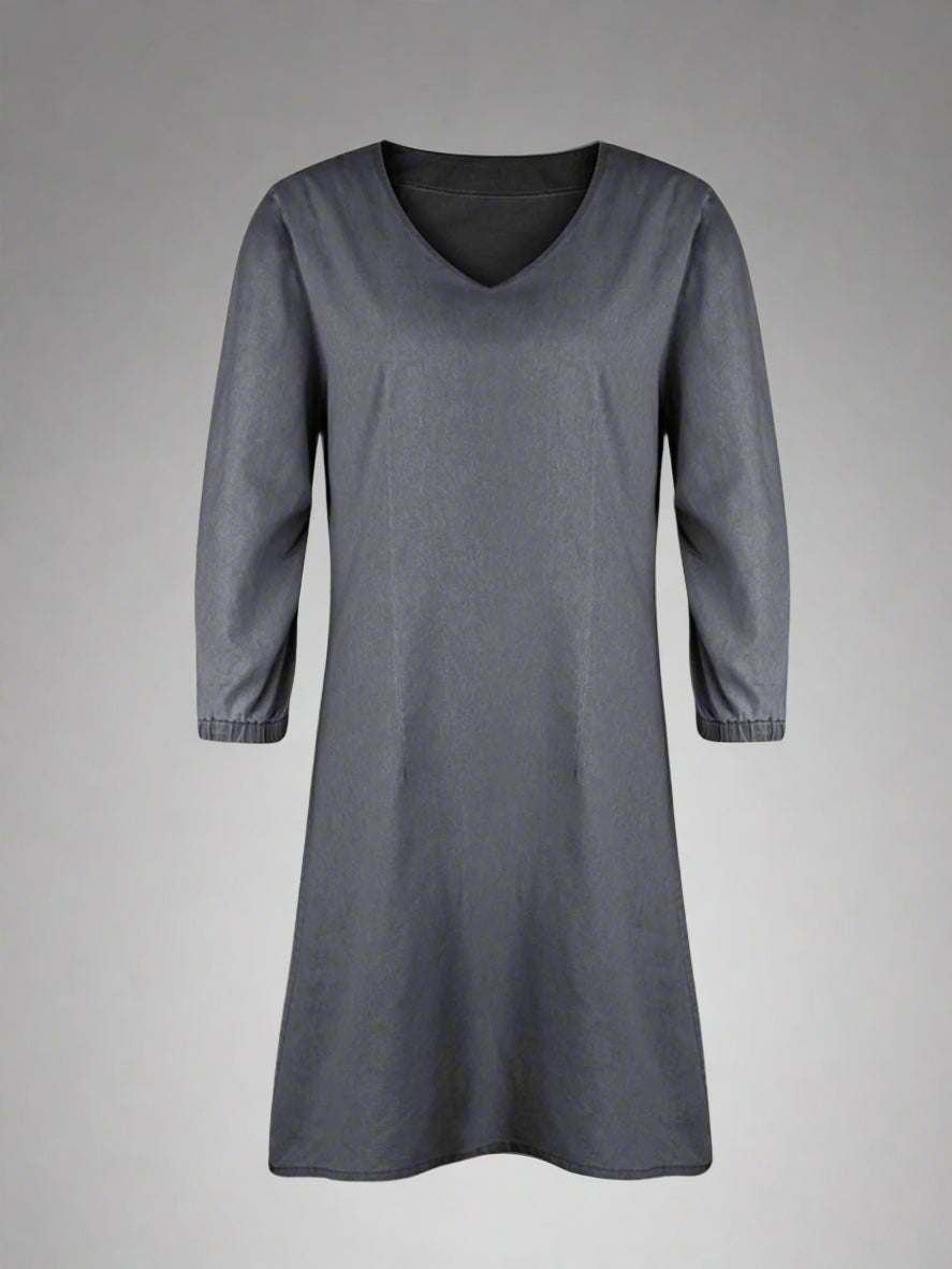 Lily - Denim Kleid mit V-Ausschnitt und Puffärmeln
