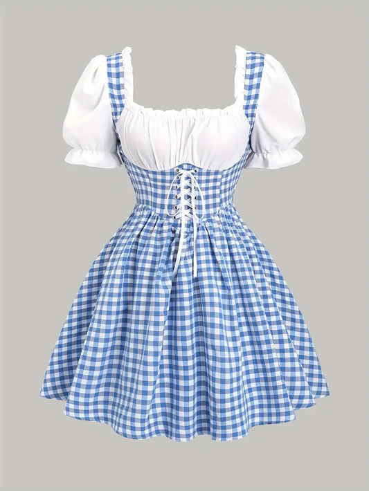 Elke - Hellblaues Niedliches Oktoberfestkleid in Karo mit Korsettschnüren