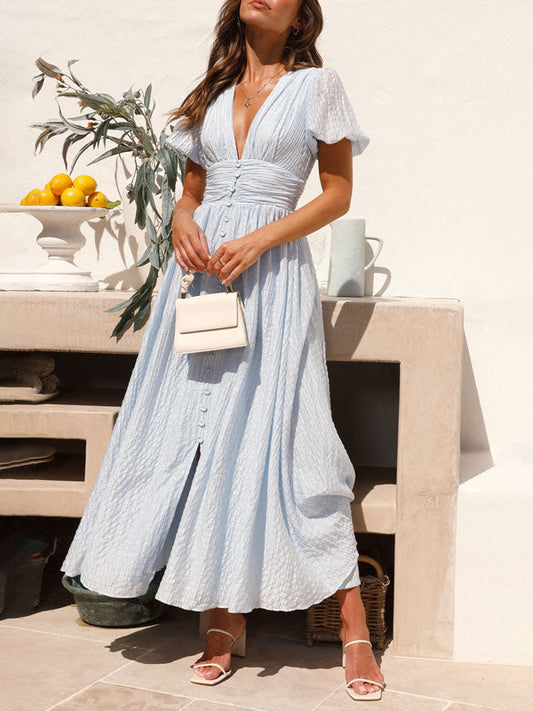 Lotte - Solide Soft Color Knopfverschluss Kleid mit V-Ausschnitt kurze Puffärmel und schlanke Taille