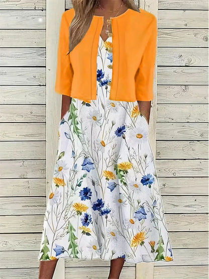 Anna - Elegantes zweiteiliges Set aus einfarbigem Strickjackenoberteil und geblümtem Kleid mit Rundhalsausschnitt