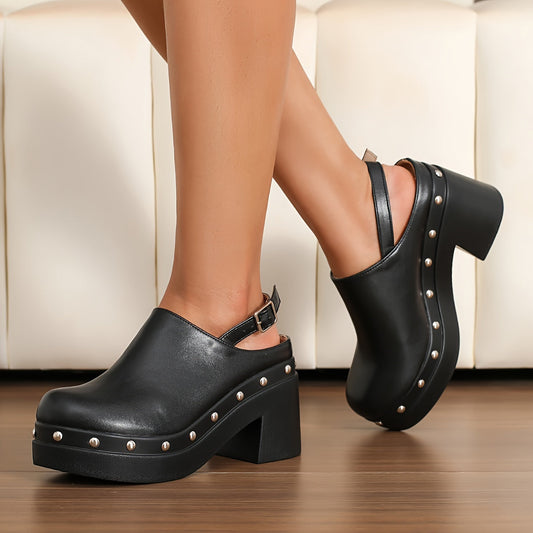 Rose - Schwarze Clogs aus Veganleder mit Blockabsatz, Nietenrand und Schnalle hinten