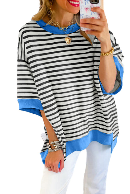 Anna - Horizontal gestreiftes, locker sitzendes T-Shirt mit Kontrastbesatz und weiten, kurzen Ärmeln