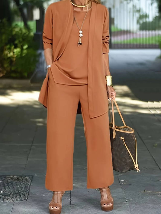 Maria - Lässiges dreiteiliges Set aus Strickjacke, Oberteil und langer Hose