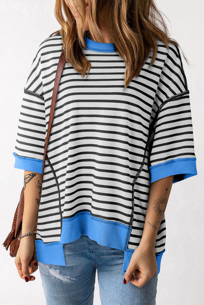Anna - Horizontal gestreiftes, locker sitzendes T-Shirt mit Kontrastbesatz und weiten, kurzen Ärmeln