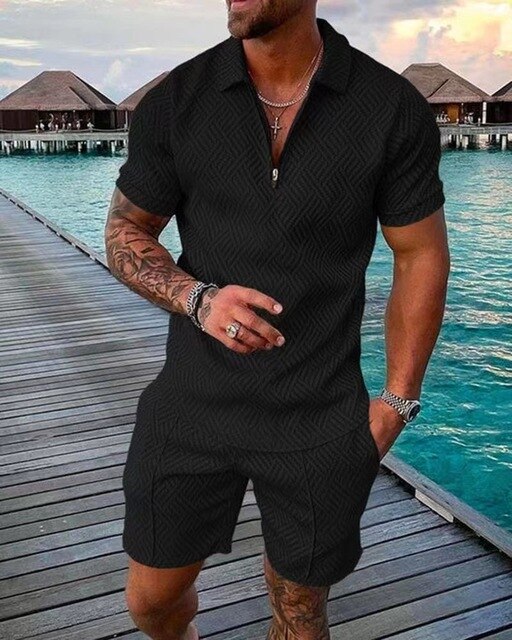 Avanti elegantes zweiteiliges sommerset aus deluxe zip polo shirt mit druck und shorts für männer