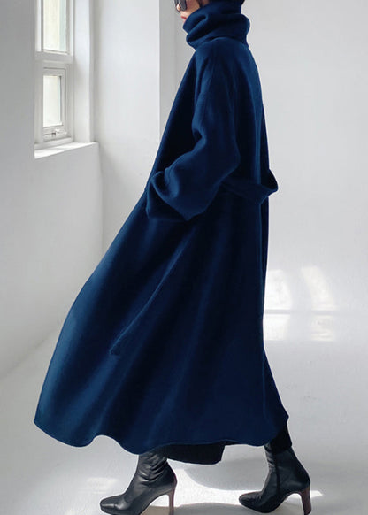 Merline - Blauer Wollmantel mit Taillenband und langen Ärmeln