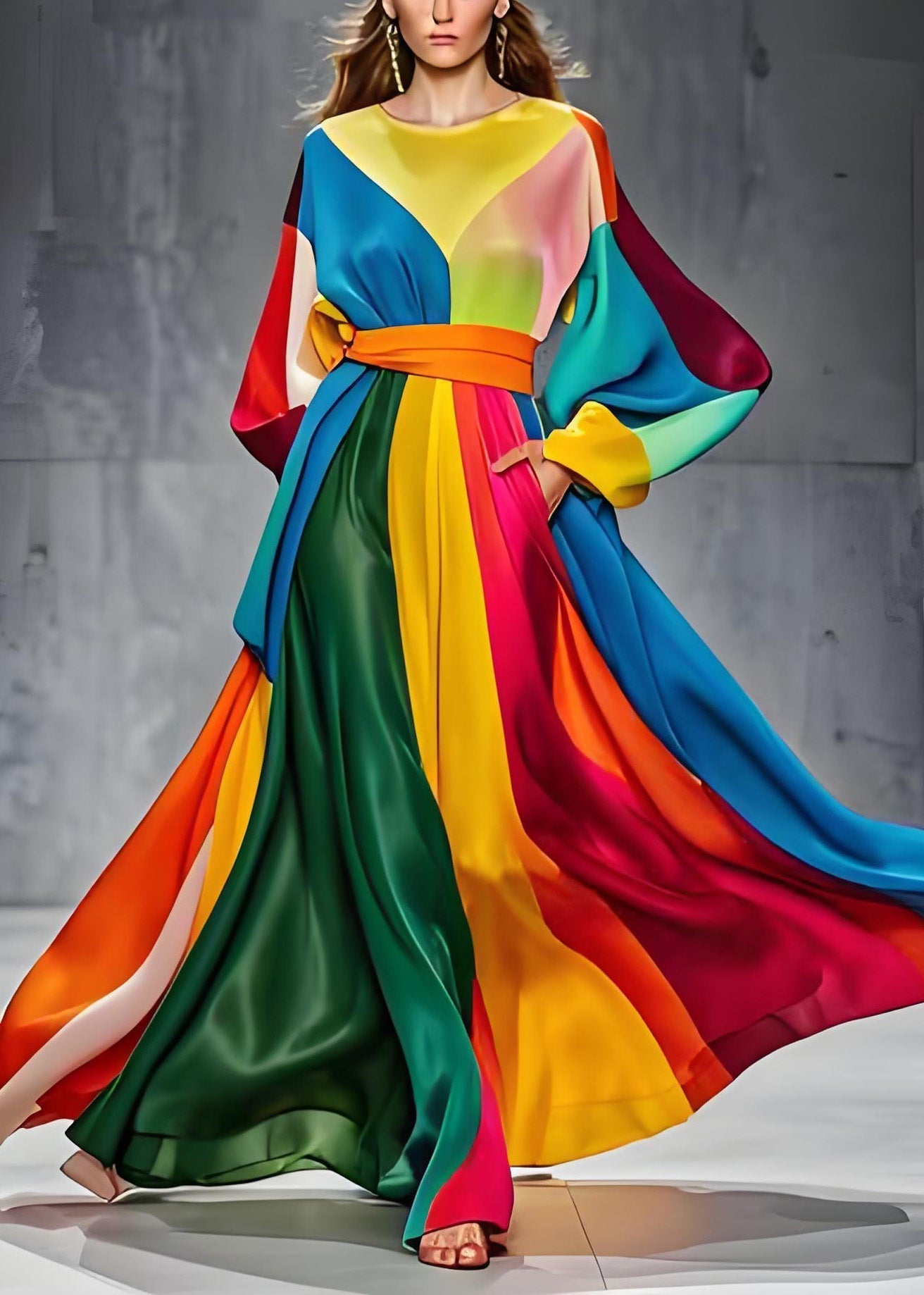 Sylia - Patchwork-Seidenkleid mit langen Ärmeln, in der Taille geknotet, O-Ausschnitt