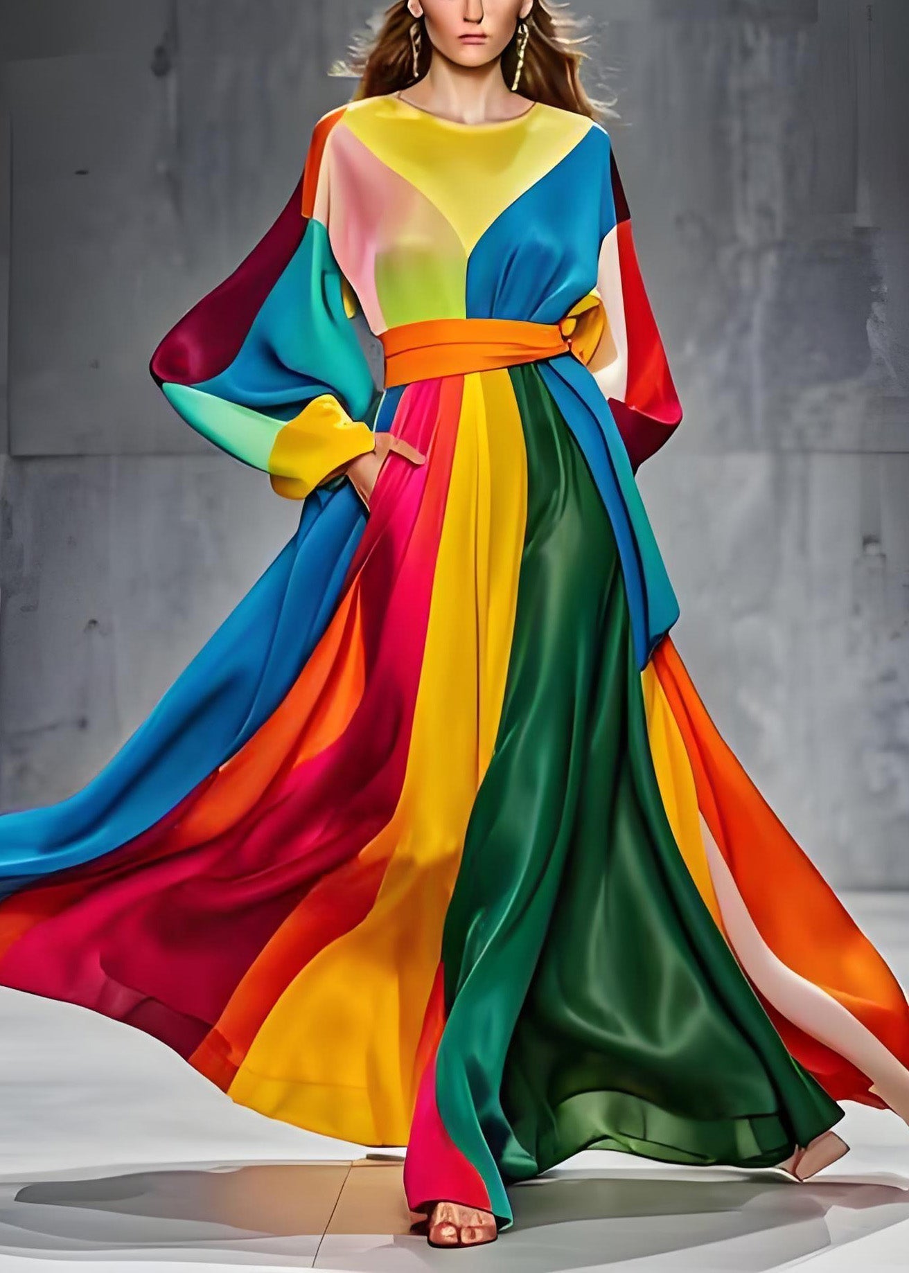 Sylia - Patchwork-Seidenkleid mit langen Ärmeln, in der Taille geknotet, O-Ausschnitt