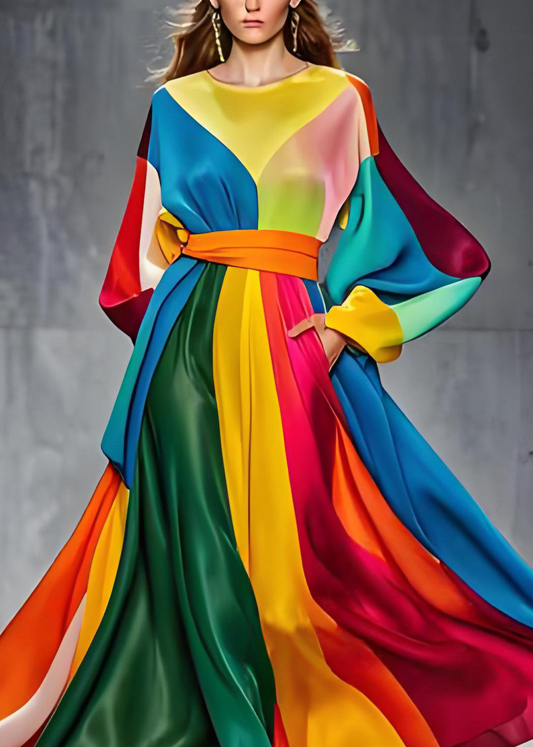 Sylia - Patchwork-Seidenkleid mit langen Ärmeln, in der Taille geknotet, O-Ausschnitt