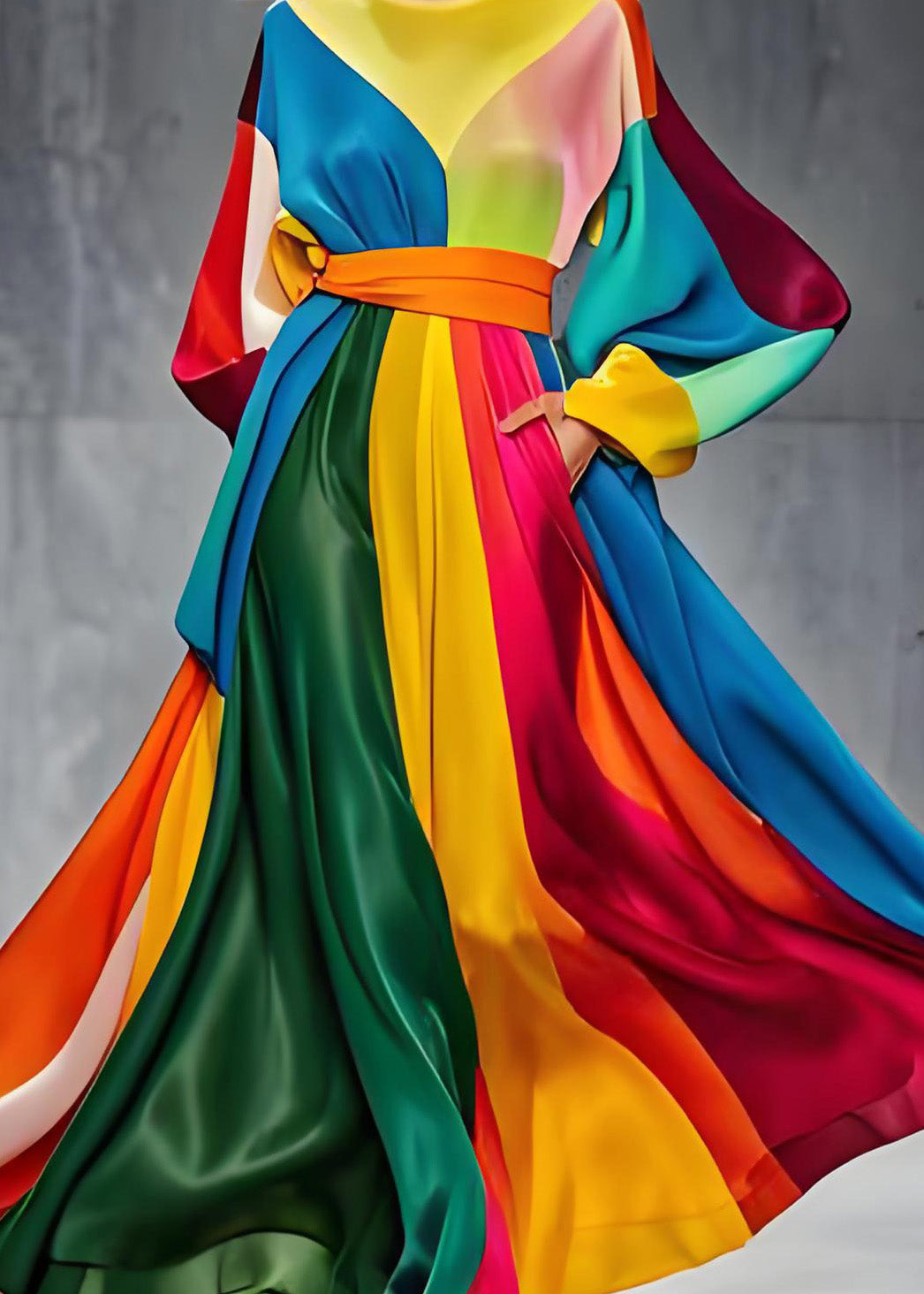 Sylia - Patchwork-Seidenkleid mit langen Ärmeln, in der Taille geknotet, O-Ausschnitt