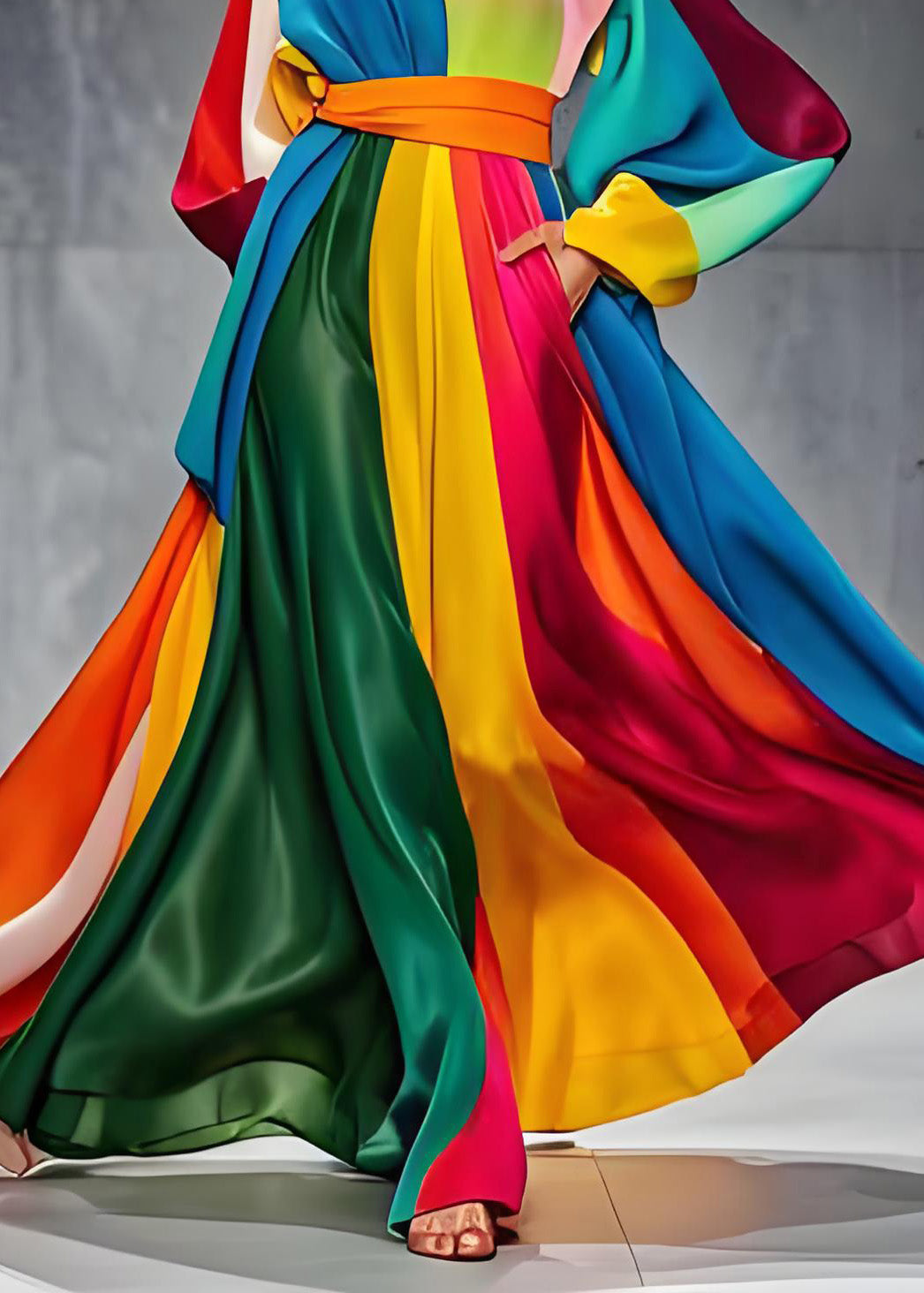 Sylia - Patchwork-Seidenkleid mit langen Ärmeln, in der Taille geknotet, O-Ausschnitt