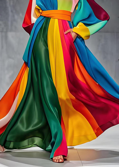 Sylia - Patchwork-Seidenkleid mit langen Ärmeln, in der Taille geknotet, O-Ausschnitt
