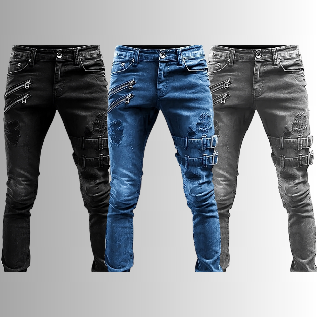 LuxeLine Denim-Jeans mit Schnallen und Reißverschlüssen für Männer