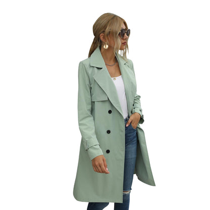 Elegantia Damen Midi Trenchcoat Jacke in Uni Farbe mit Doppelknopfverschluss