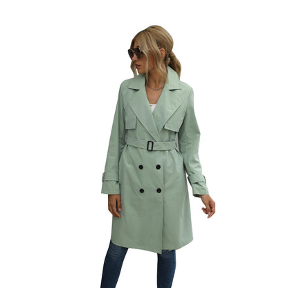 Elegantia Damen Midi Trenchcoat Jacke in Uni Farbe mit Doppelknopfverschluss