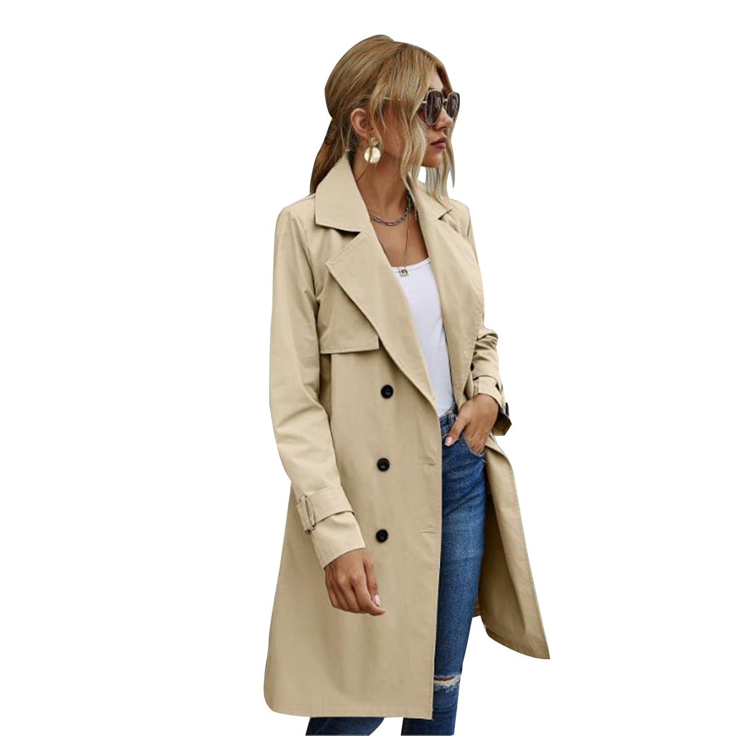 Elegantia Damen Midi Trenchcoat Jacke in Uni Farbe mit Doppelknopfverschluss