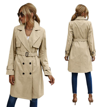 Elegantia Damen Midi Trenchcoat Jacke in Uni Farbe mit Doppelknopfverschluss